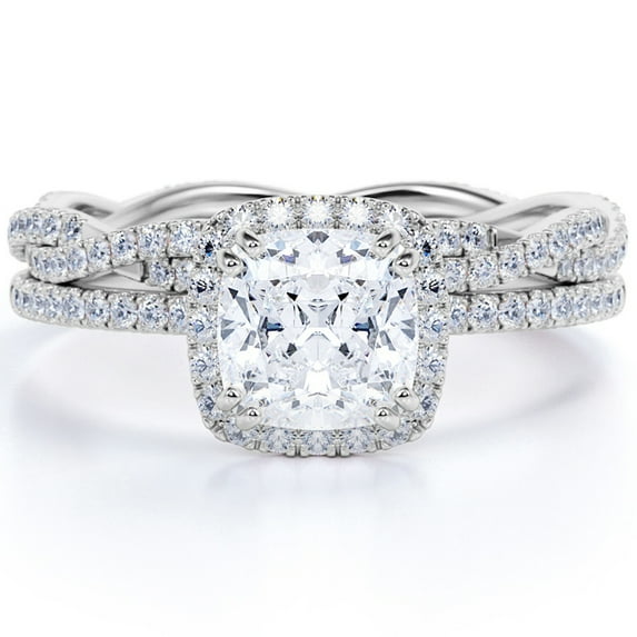 JeenMata Twisted 1.5 Carat Cushion Cut Moissanite Halo Wedding Set in 18k White Gold Over Silver