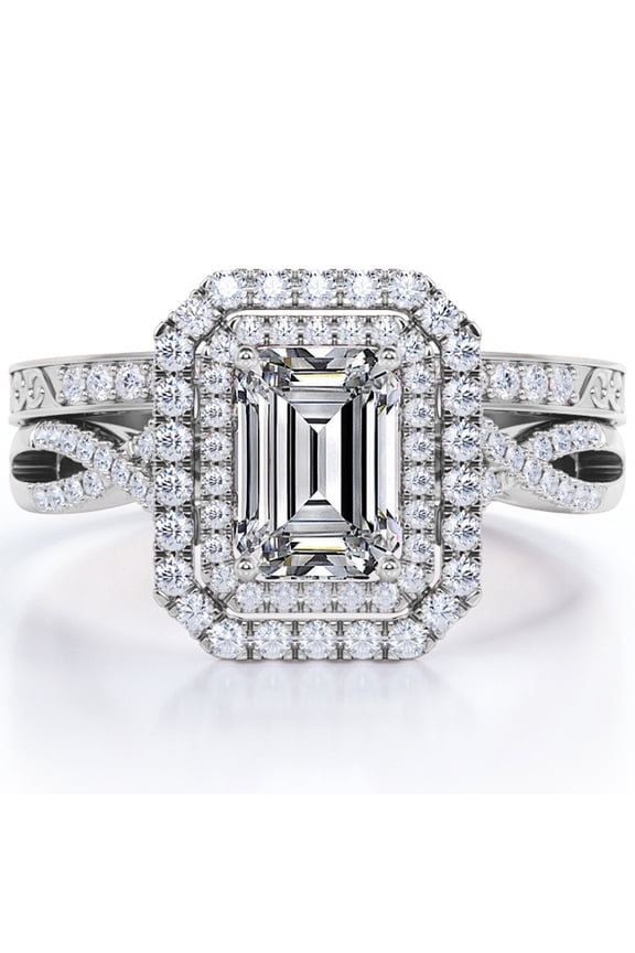 Twisted - 1.5 Carat Emerald Cut Moissanite - Filigree Band - Double Halo Design Wedding Ring Set - 18K White Gold Plating over Silver
