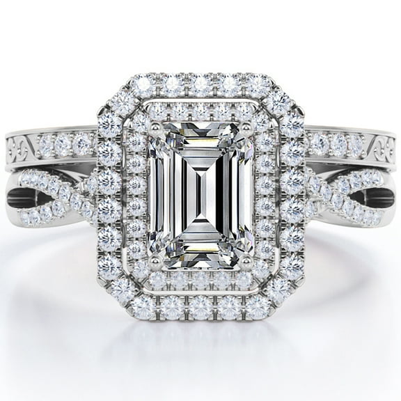 JeenMata Twisted - 1.5 Carat Emerald Cut Moissanite - Filigree Band - Double Halo Design Wedding Ring Set - 18K White Gold Plating over Silver