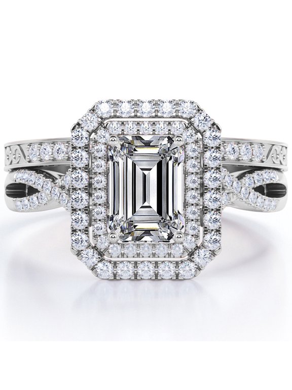 Twisted - 1.5 Carat Emerald Cut Moissanite - Filigree Band - Double Halo Design Wedding Ring Set - 18K White Gold Plating over Silver