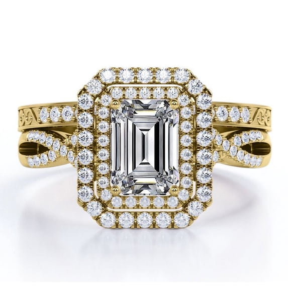 JeenMata Twisted - 2 Carat Emerald Cut - Filigree Band - Double Halo Design Wedding Ring Set - 18K Yellow Gold Plating over Silver
