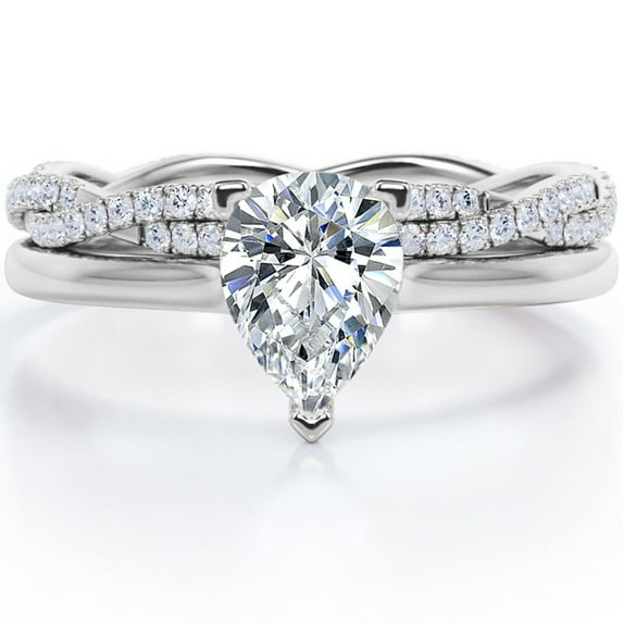 JeenMata Twisted Eternity 1.75 Carat Pear-Shaped Moissanite Prong Bridal Ring Set in 18K White Gold Plating over Silver