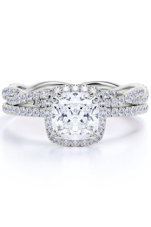 Twisted Infinity 1.5 Carat Cushion Cut Moissanite Halo Wedding Set in 18k White Gold Over Silver