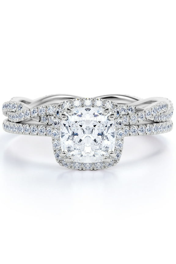 Twisted Infinity 1.5 Carat Cushion Cut Moissanite Halo Wedding Set in 18k White Gold Over Silver