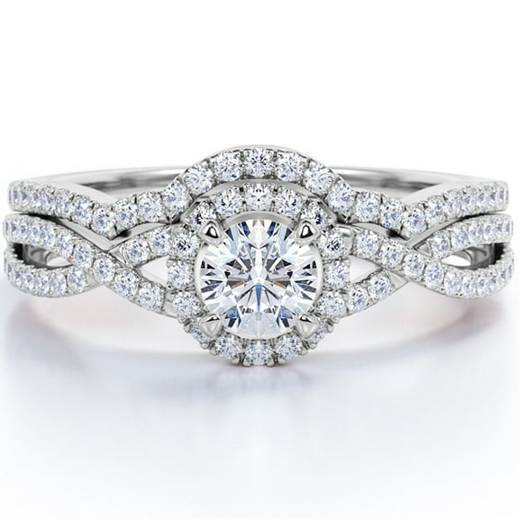 JeenMata Twisted Infinity Halo 1.75 Carat Round Shape Moissanite Prong Curved Bridal Ring Set In 18K White Gold Plating Over Silver