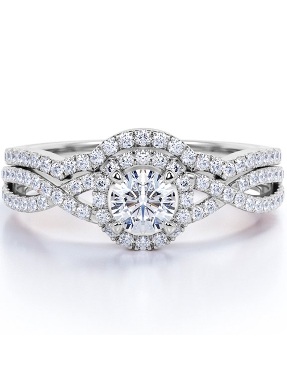 Twisted Infinity Halo 1.75 Carat Round Shape Moissanite Prong Curved Bridal Ring Set In 18K White Gold Plating Over Silver