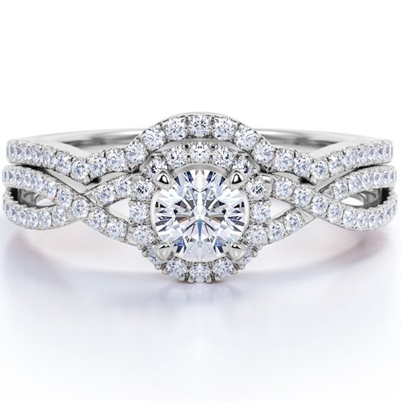 JeenMata Twisted Infinity Halo 1.75 Carat Round Shape Moissanite Prong Curved Bridal Ring Set In 18K White Gold Plating Over Silver