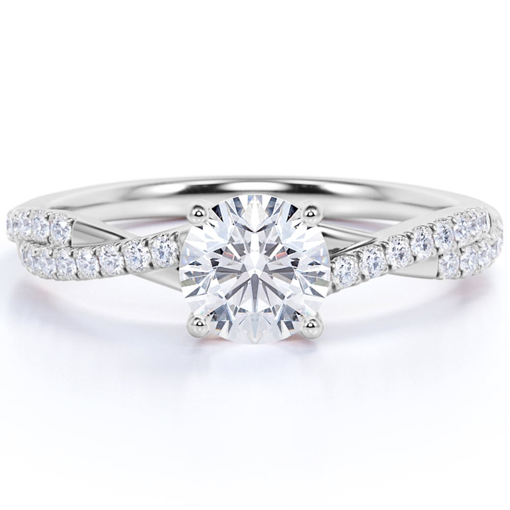 JeenMata Twisted Infinty Shank - 1 TCW Round Cut Moissanite - Engagement Ring with Pave Accents - 18K White Gold Plating over Silver