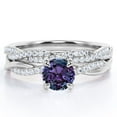 thumbnail image 1 of JeenMata Twisted Pave - 1.75 Carat Round Shaped Lab Created Alexandrite and Moissanite - Four Prong Wedding Set - 18K White Gold Plating over Silver, 1 of 6