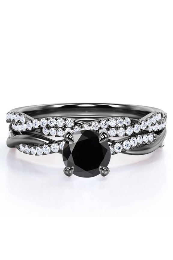 Twisted Pave - 1.75 Carat Round Shaped Lab Created Black Diamond and Moissanite - Four Prong Wedding Set - 18K Black Gold Plating over Silver
