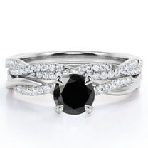 JeenMata Twisted Pave - 1.75 Carat Round Shaped Lab Created Black Diamond and Moissanite - Four Prong Wedding Set - 18K White Gold Plating over Silver