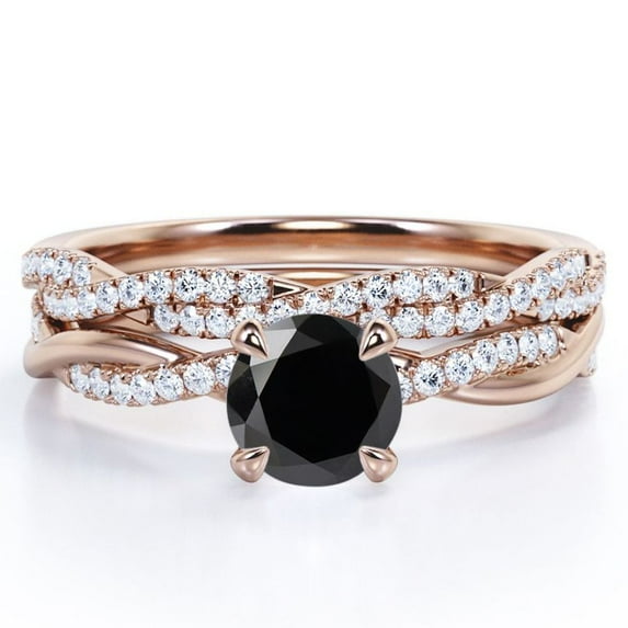 JeenMata Twisted Pave - 1.75 Carat Round Shaped Lab Created Black Diamond and Moissanite - Four Prong Wedding Set - 18K Rose Gold Plating over Silver