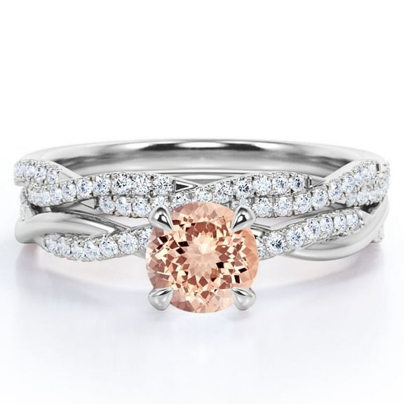 JeenMata Twisted Pave - 1.75 Carat Round Shaped Pink created morganite and Moissanite - Four Prong Wedding Set - 18K White Gold Plating over Silver