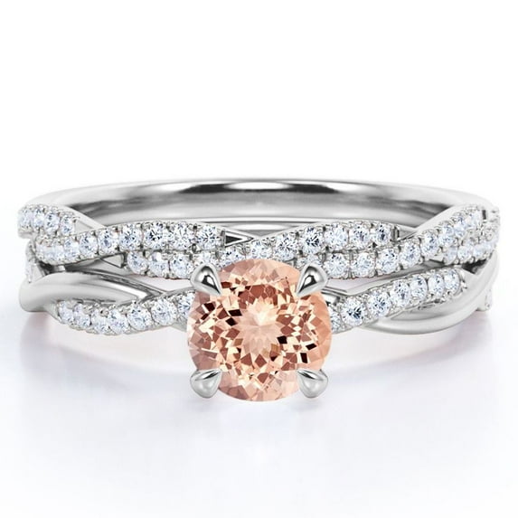 JeenMata Twisted Pave - 1.75 Carat Round Shaped Pink created morganite and Moissanite - Four Prong Wedding Set - 18K White Gold Plating over Silver