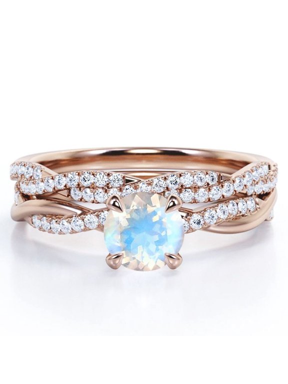 Twisted Pave - 1.75 Carat Round Shaped Rainbow Moonstone and Moissanite - Four Prong Wedding Set - 18K Rose Gold Plating over Silver