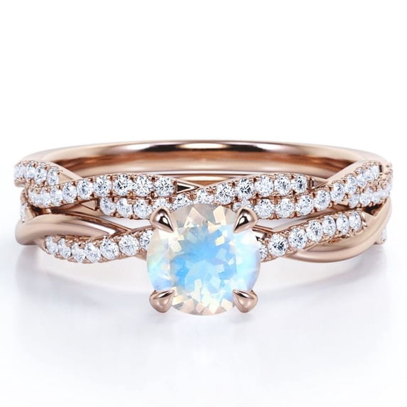 JeenMata Twisted Pave - 1.75 Carat Round Shaped Rainbow Moonstone and Moissanite - Four Prong Wedding Set - 18K Rose Gold Plating over Silver