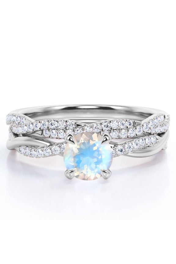 Twisted Pave - 1.75 Carat Round Shaped Rainbow Moonstone and Moissanite - Four Prong Wedding Set - 18K White Gold Plating over Silver