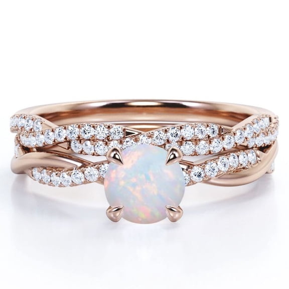 JeenMata Twisted Pave - 1.75 Carat Round Shaped Rainbow Opal and Moissanite - Four Prong Wedding Set - 18K Rose Gold Plating over Silver