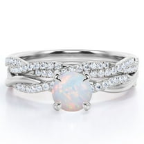 JeenMata Twisted Pave - 1.75 Carat Round Shaped Rainbow Opal and Moissanite - Four Prong Wedding Set - 18K White Gold Plating over Silver
