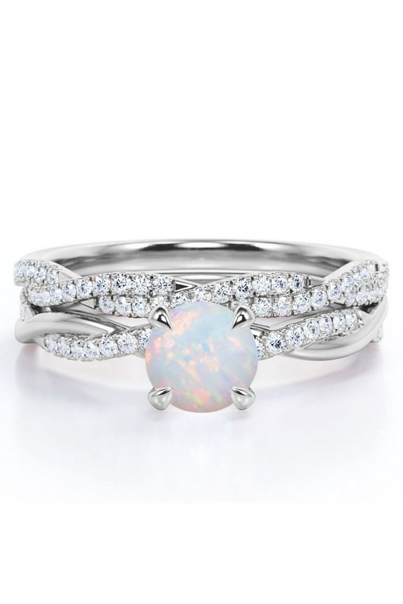 Twisted Pave - 1.75 Carat Round Shaped Rainbow Opal and Moissanite - Four Prong Wedding Set - 18K White Gold Plating over Silver