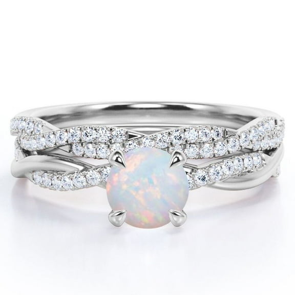JeenMata Twisted Pave - 1.75 Carat Round Shaped Rainbow Opal and Moissanite - Four Prong Wedding Set - 18K White Gold Plating over Silver