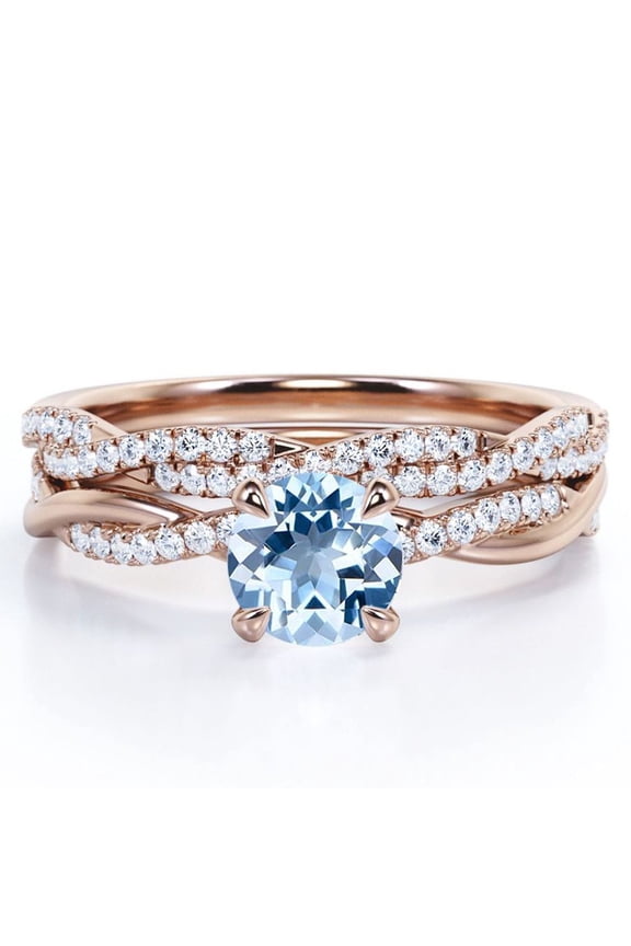 Twisted Pave - 1.75 Carat Round Shaped Vivid Blue Created Aquamarine and Moissanite - Four Prong Wedding Set - 18K Rose Gold Plating over Silver