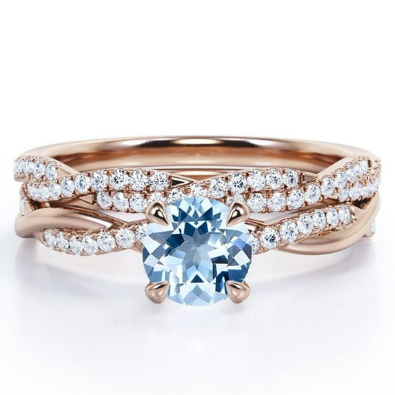 JeenMata Twisted Pave - 1.75 Carat Round Shaped Vivid Blue Created Aquamarine and Moissanite - Four Prong Wedding Set - 18K Rose Gold Plating over Silver