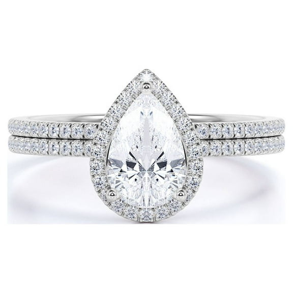 JeenMata Unique 1.25 Carat Pear cut Moissanite Halo Wedding Ring Set for Her in 18k White Gold Over Silver