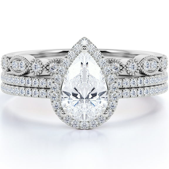 JeenMata Unique 1.5 Carat Moissanite Wedding Trio Ring Set with Engagement Ring and 2 Wedding Bands in 18k Gold Over Silver