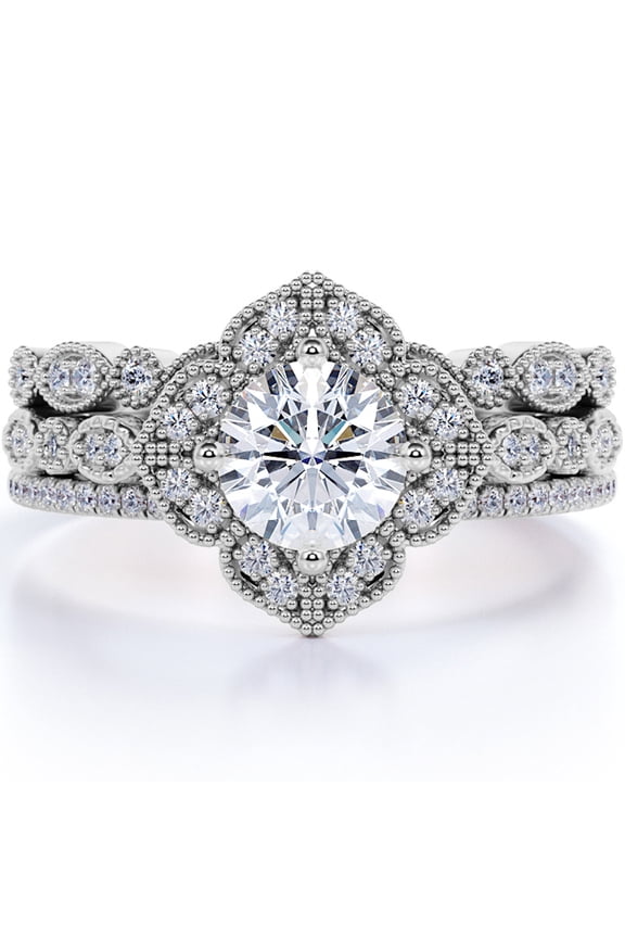 Unique 1.75 Carat Real Moissanite Wedding Trio Ring Set with Engagement Ring and 2 Wedding Bands in 18k Gold Plating For Women