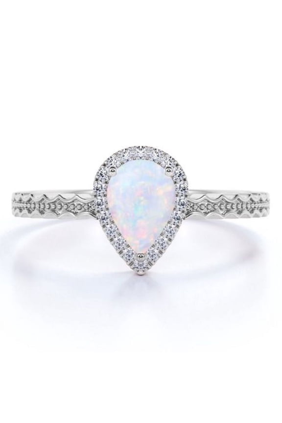 Unique 1.75 ct Pear Shaped Opal and Moissanite Curved Engagement Ring in 18K White Gold over Silver