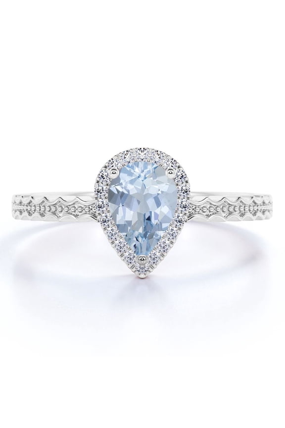 Unique 1 Carat Teardrop Created Aquamarine Halo Wedding Ring in 18k White Gold over Silver