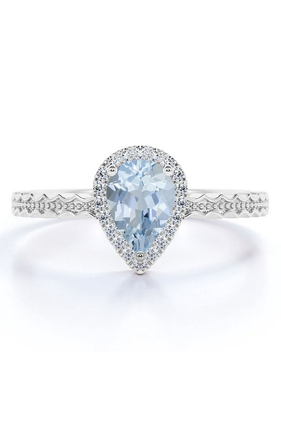 Unique 1 Carat Teardrop Created Aquamarine Halo Wedding Ring in 18k White Gold over Silver