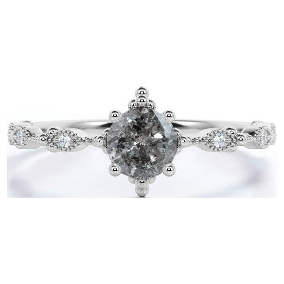 JeenMata Unique .65 Carat Round Cut Natural Salt and Pepper Diamond Dainty Modern Engagement Ring in 18k White Gold over Silver