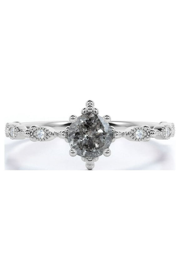 Unique .65 Carat Round Cut Natural Salt and Pepper Diamond Dainty Modern Engagement Ring in 18k White Gold over Silver