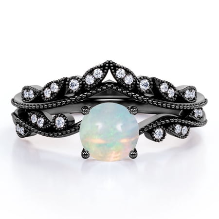 JeenMata V Shape - 1 Carat Round Shape Boulder Opal And Moissanite - Filigree Milgrain - Curved Band Bridal Ring Set - 18K Black Gold Plating Over Silver