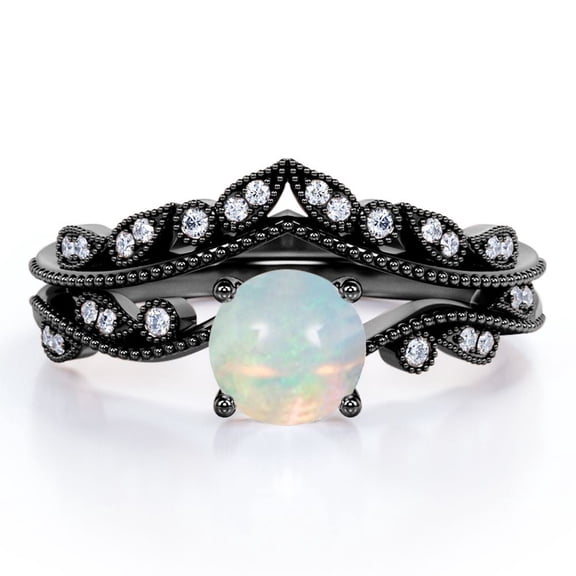 JeenMata V Shape - 1 Carat Round Shape Boulder Opal And Moissanite - Filigree Milgrain - Curved Band Bridal Ring Set - 18K Black Gold Plating Over Silver