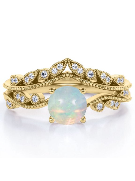 V Shape - 1 Carat Round Shape Boulder Opal And Moissanite - Filigree Milgrain - Curved Band Bridal Ring Set - 18K Yellow Gold Plating Over Silver