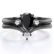 JeenMata V-Shaped Milgrain Edge 1.05 Carat Pear Shaped Lab Created Black Diamond and Moissanite Open Wedding Set in 18K Black Gold Plating over Silver