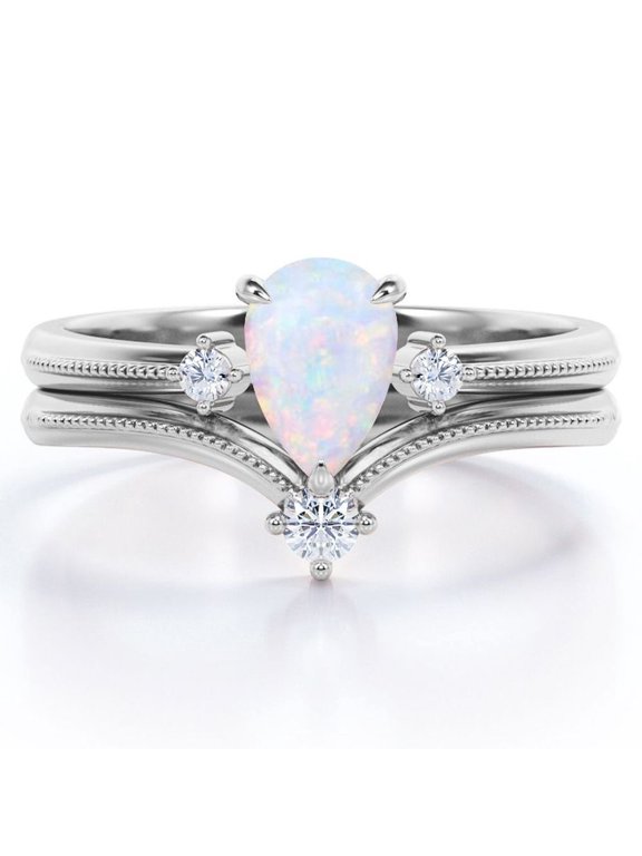 V-Shaped Milgrain Edge 1.05 Carat Pear Shaped Rainbow Opal and Moissanite Open Wedding Set in 18K White Gold Plating over Silver