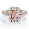 thumbnail image 1 of JeenMata Victorian Style - 2 Carat Emerald Cut Lab Grown created morganite and Moissanite - Double Halo Pave Setting Wedding Ring Set - 18K Rose Gold Plating over Silver, 1 of 6