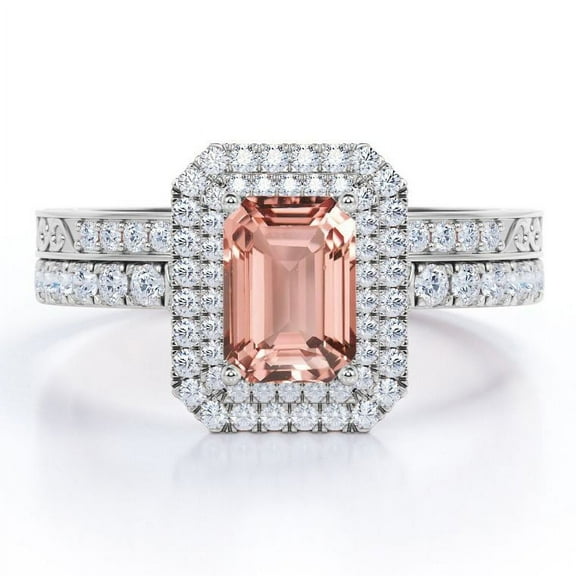 JeenMata Victorian Style - 2 Carat Emerald Cut Lab Grown created morganite and Moissanite - Double Halo Pave Setting Wedding Ring Set - 18K White Gold Plating over Silver