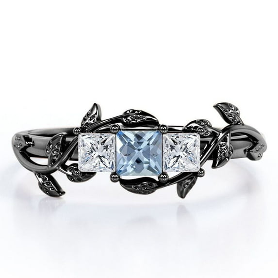 JeenMata Vine Leaf - 1 Carat Princess Cut Lab Created Aquamarine and Moissanite - Triple Stone Engagement Ring - 18K Black Gold Plating over Silver