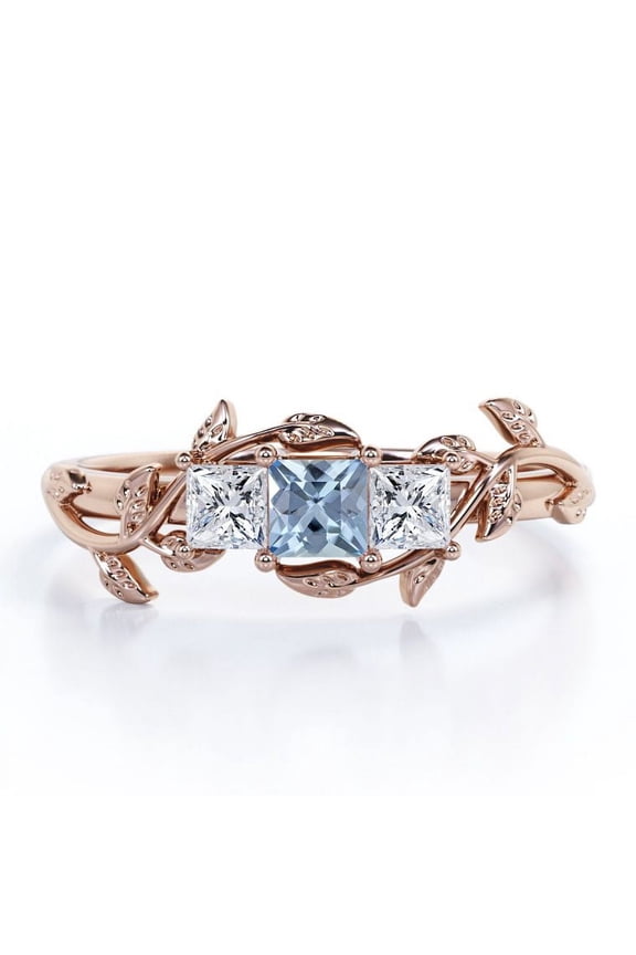 Vine Leaf - 1 Carat Princess Cut Lab Created Aquamarine and Moissanite - Triple Stone Engagement Ring - 18K Rose Gold Plating over Silver
