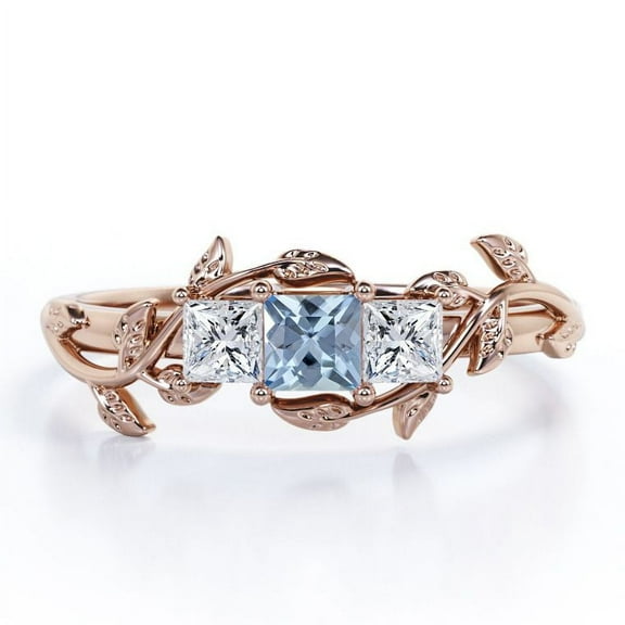 JeenMata Vine Leaf - 1 Carat Princess Cut Lab Created Aquamarine and Moissanite - Triple Stone Engagement Ring - 18K Rose Gold Plating over Silver