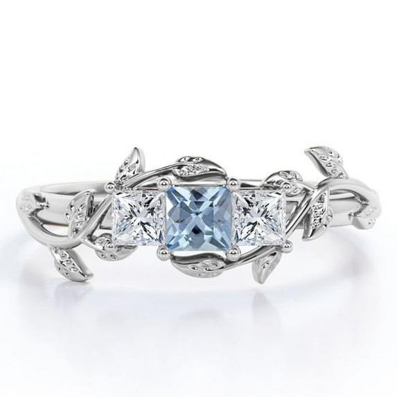JeenMata Vine Leaf - 1 Carat Princess Cut Lab Created Aquamarine and Moissanite - Triple Stone Engagement Ring - 18K White Gold Plating over Silver