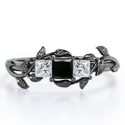 JeenMata Vine Leaf - 1 Carat Princess Cut Lab Grown Black Diamond and Moissanite - Triple Stone Engagement Ring - 18K Black Gold Plating over Silver