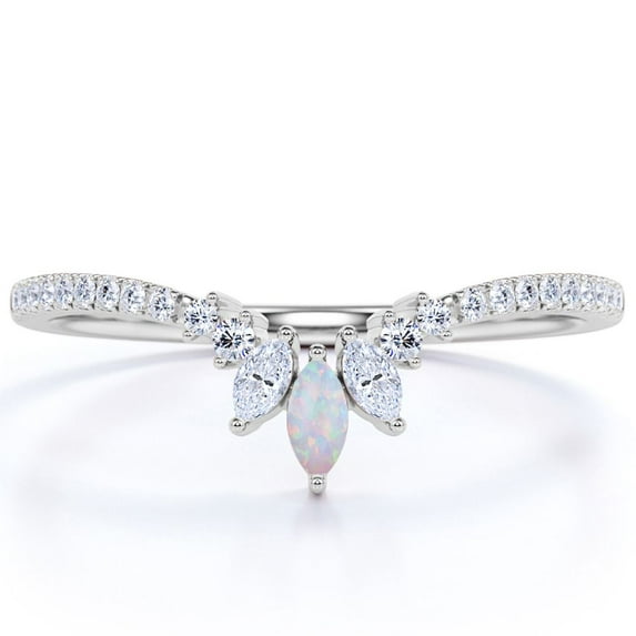 JeenMata Vintage 0.45 ct Marquise Opal and Moissanite Stackable Wedding Band in 18K White Gold over Silver