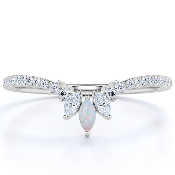 JeenMata Vintage 0.45 ct Marquise Opal and Moissanite Stackable Wedding Band in 18K White Gold over Silver