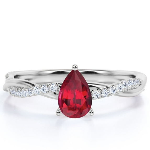 JeenMata Vintage 0.75 ct Pear Shaped Blood Lab Created Ruby & Moissanite Wedding Ring for Women in 18K White Gold over Silver